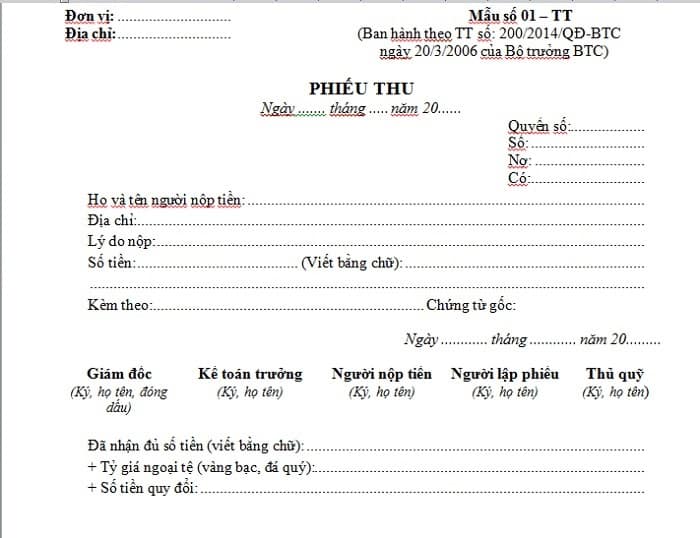 phiếu thu góp vốn bằng tiền mặt